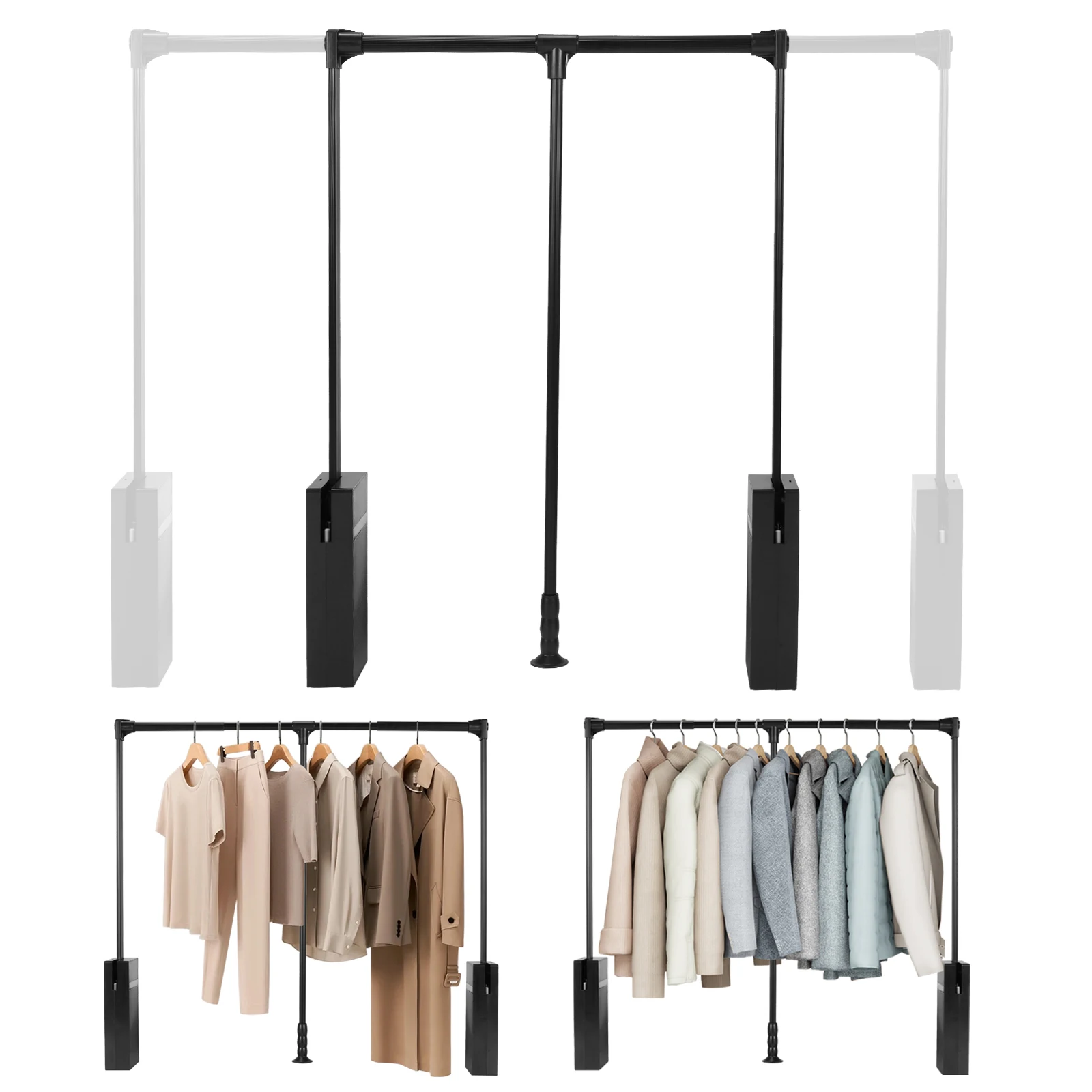 

2Pcs Side Mounted Closet Rod Adjustable Width Buffer Return Closet Rod 60Lbs Load Capacity for Kitchen Bedroom High Cabinets
