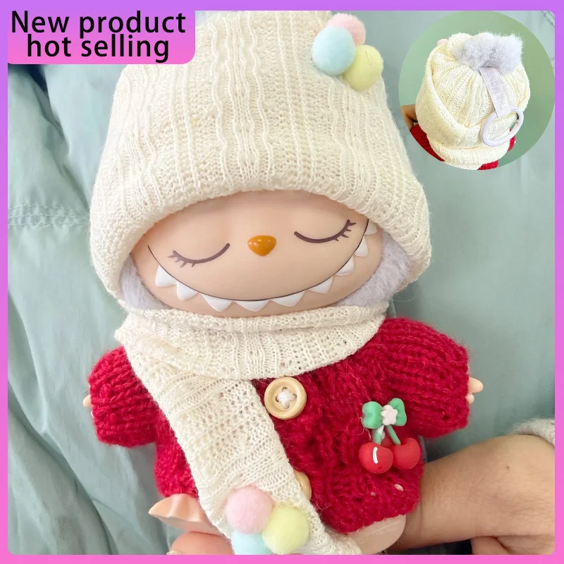 

New Suitable For Labubu15-17cm First Second Third Generation Universal Cloth Cute Red Cherry Sweater Dolls Clothes Scarf Hat