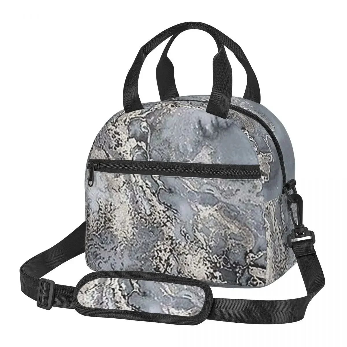 Grey And Silver Marbl Insulated Lunch Bag for School Picnic Storage Food Boxes Portable Cooler Thermal Lunch Box Tote