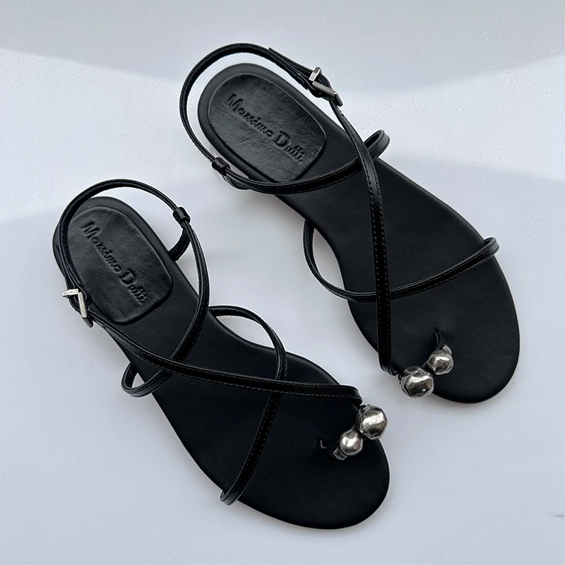 Mrxmus Dutit Flat Sandals Black Metal Decor Buckle Women's Sandals Summer Newest 2024 Low Heels Luxury Casual Shoes