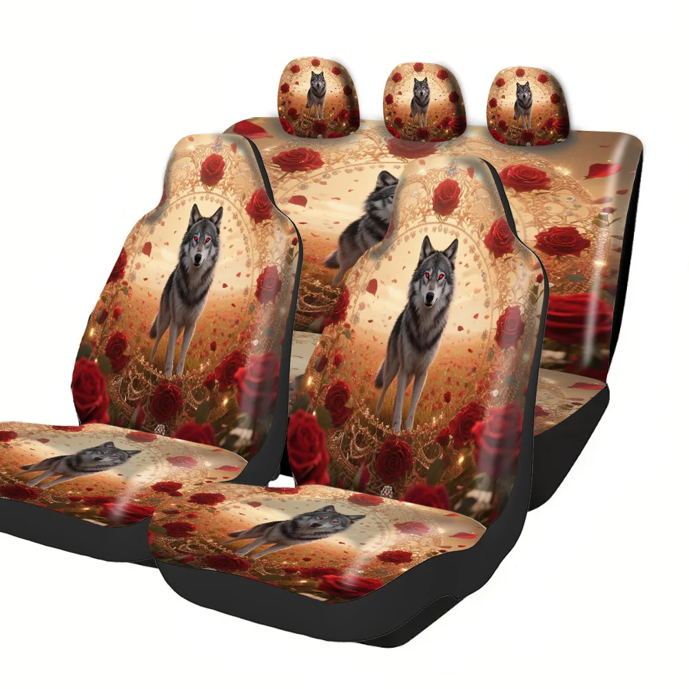 Stylish Car Seat Covers Featuring Designs For Halloween, Christmas, New Year, And Easter, Including Wolves And Roses In A Circul