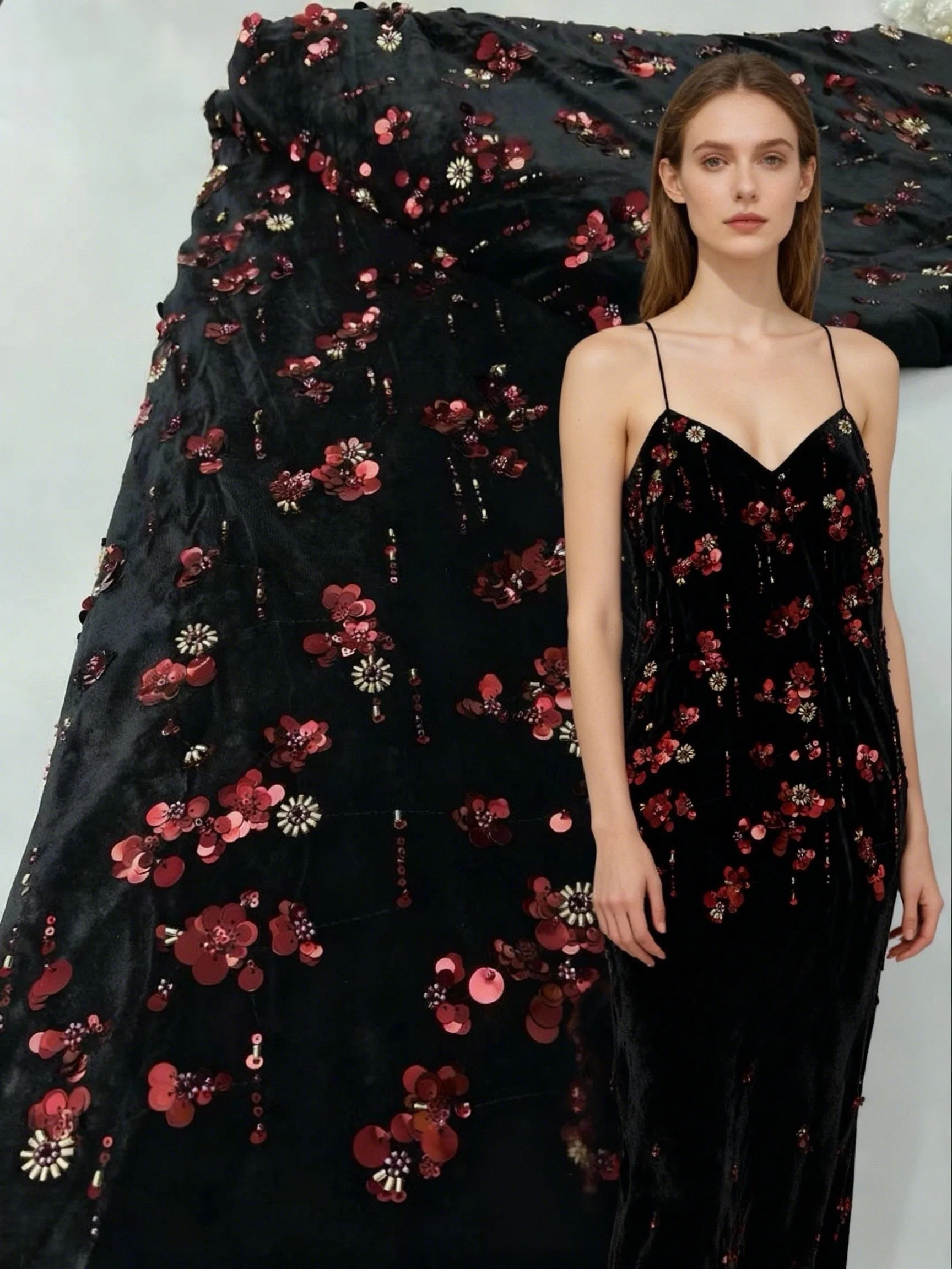 

Luxury Velvet Lace Fabric 5 Yards High Quality 2026 Black Red Beaded Lace Fabric Fashion Sequin African Laces Fabric For Women