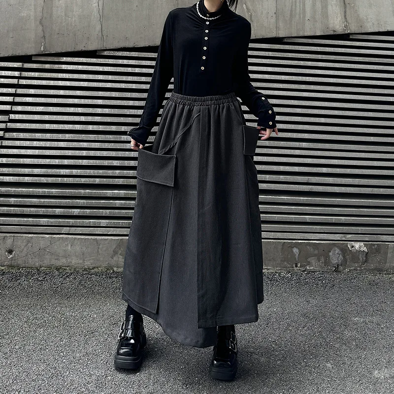 

Cotton and linen retro loose skirt, spliced large pocket high waist skirt, autumn and winter personalized A-line skirt 2025 new