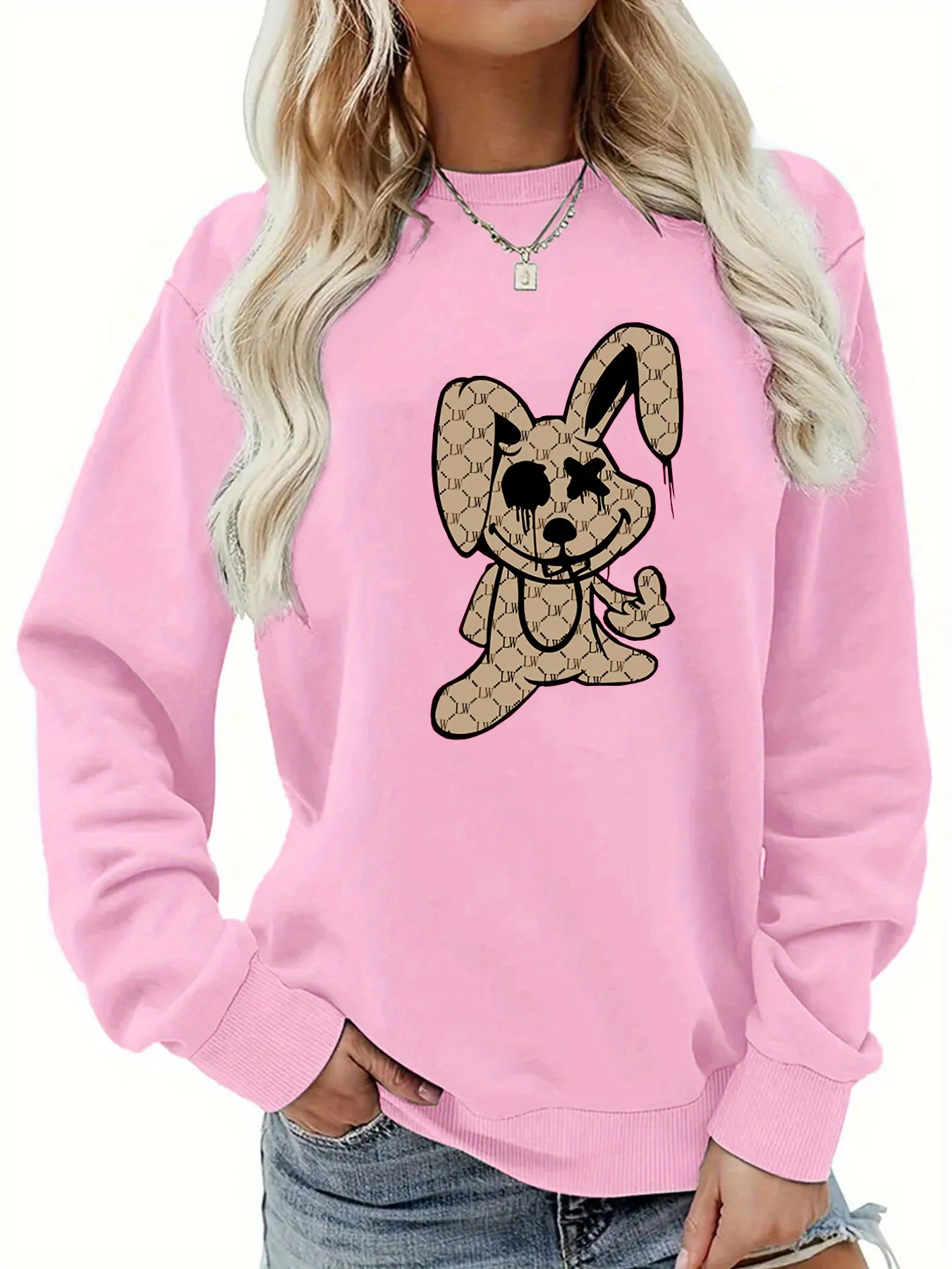 

Женский осенне-зимний повседневный модный свободный и удобный теплый пуловер с круглым вырезом и длинными рукавами с принтом кролика