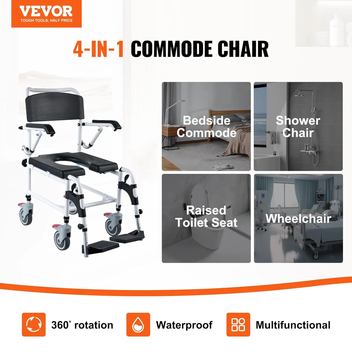 Shower Commode Wheelchair with 4 Lockable Wheels, Footrests, Flip-up Arms, 3-Level Adjustable Height, Removable Bucket