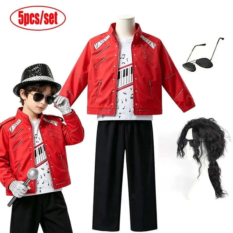 Kinder Jungen Mädchen 70er 80er Jazz-Tanzkostüm Retro Sänger Bühnenoutfit Roter Reißverschlussmantel Rote Hose Komplettes Zubehörset – Detail 5