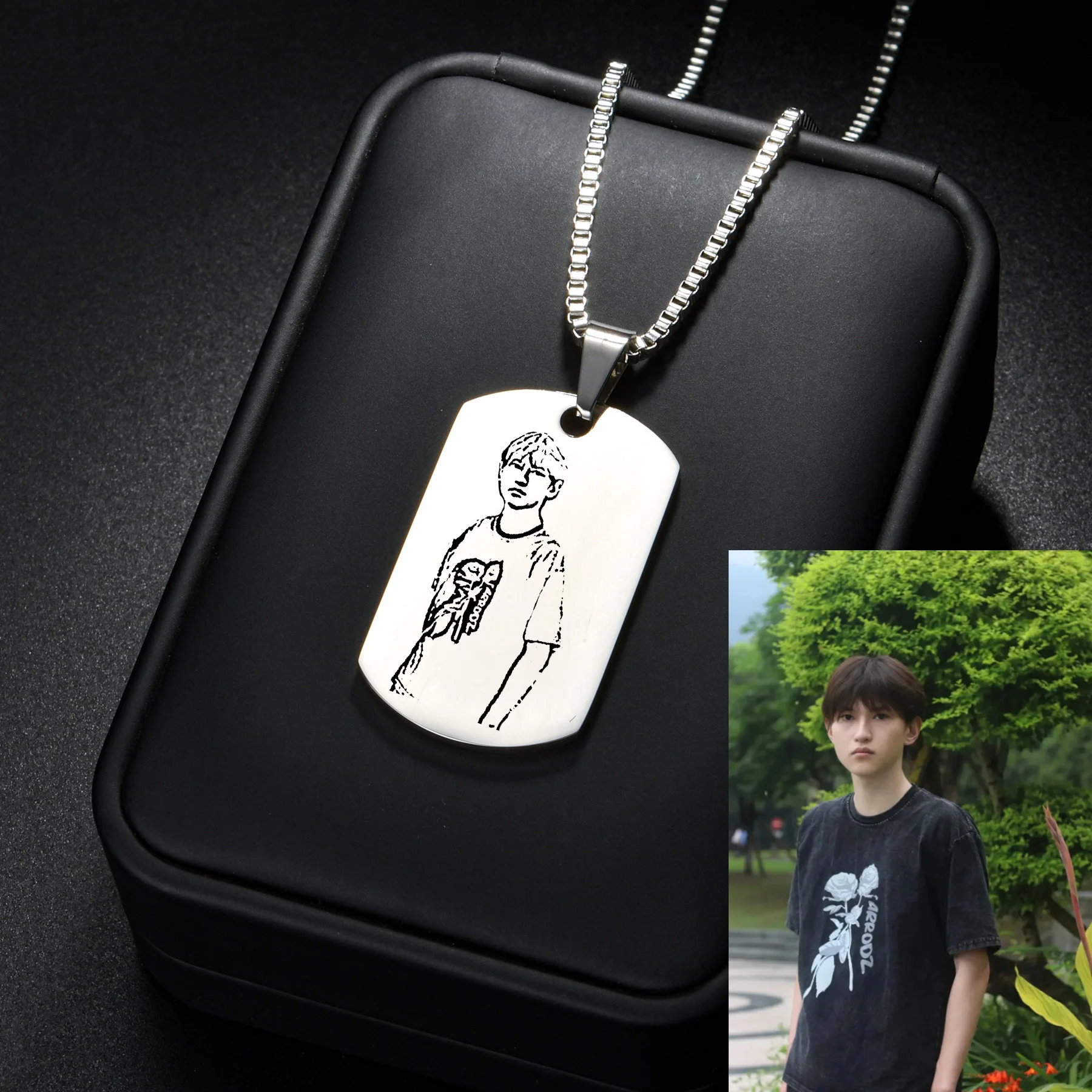 Sifisrri Personalized Custom Photo Line Necklace Engrave Family Picture Rectangle Pendant For Women Men Birthday Jewelry Gift