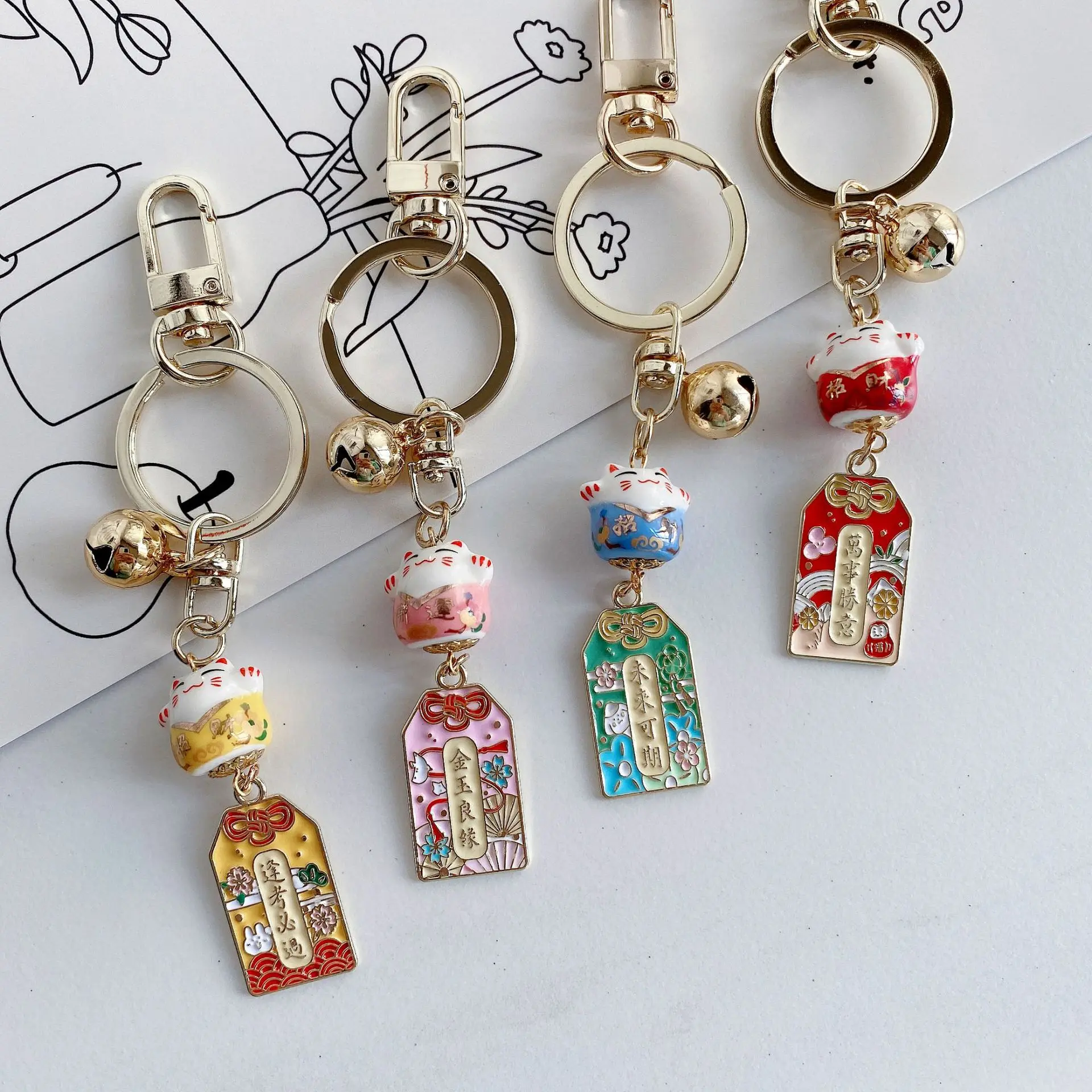 Cute Ceramics Maneki Neko Lucky Kawaii Cat Fortune Cat Sakura Keychain Key Chain Car Bag Pendent Mobile Accessories Women