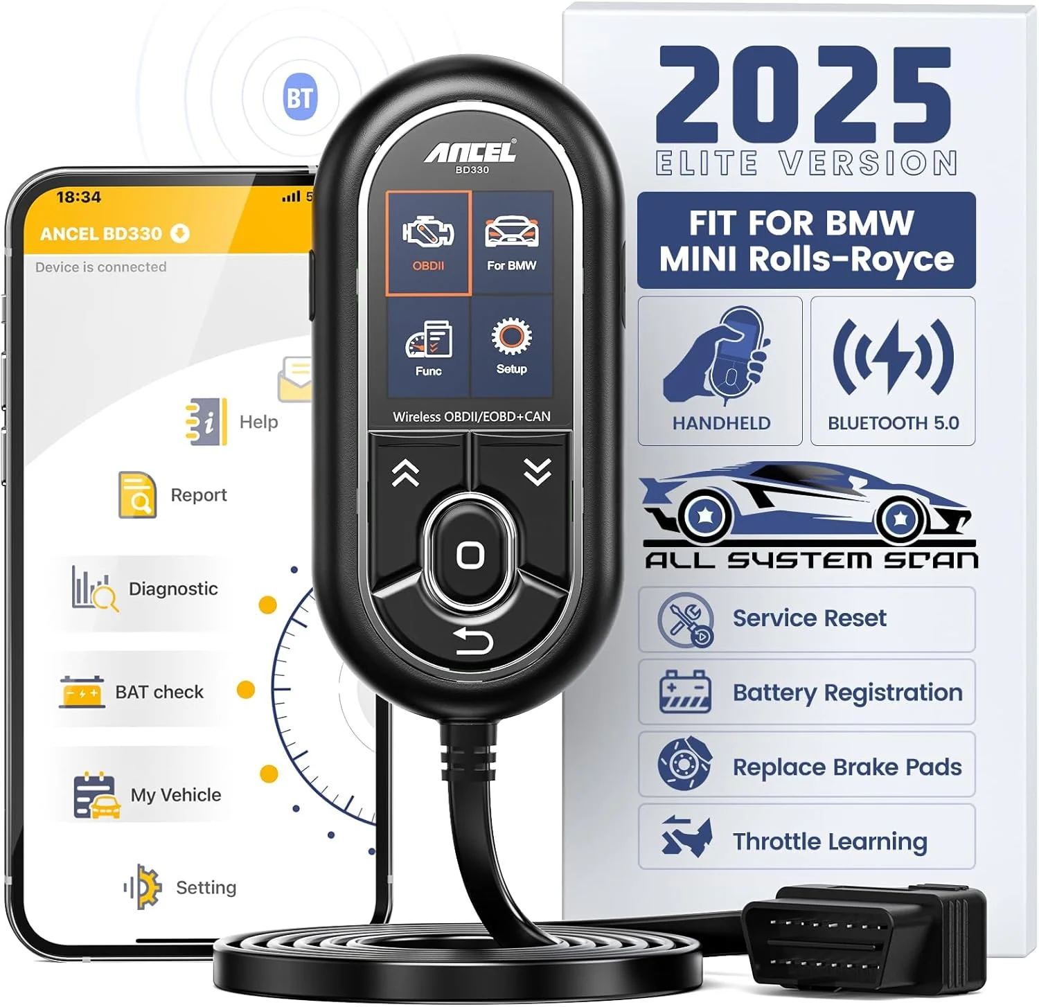 

ANCEL BD330 OBD2 Scanner Bluetooth for BMW 3 in 1 Battery Registration Scan Tool Check Engine Light Code Reader for iOS Android