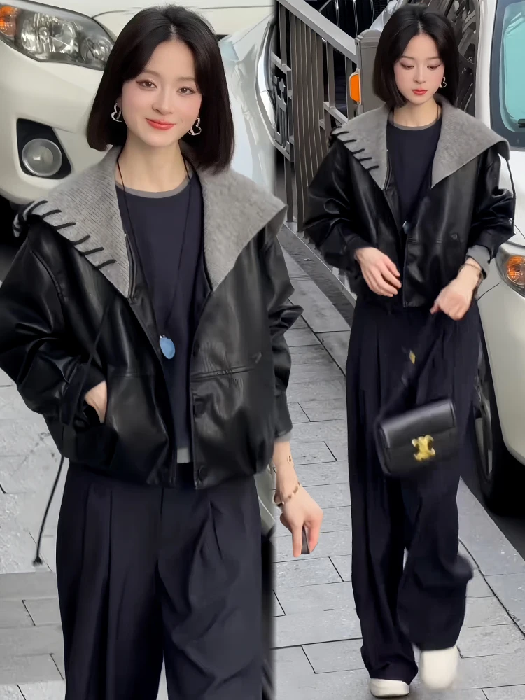 

Casual Sle Commuter ort Jaet Women's Faion Navy Collar Top Age-Defng Leather Coat Spring Autumn New Arrival