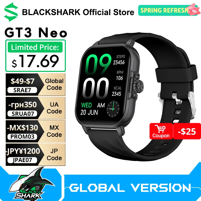 Умные часы Black Shark GT3 NEO Global Version с TFT-дисплеем 2.01', 100+ спортивными режимами, 7-дневным временем автономной работы и голосовым помощником AI