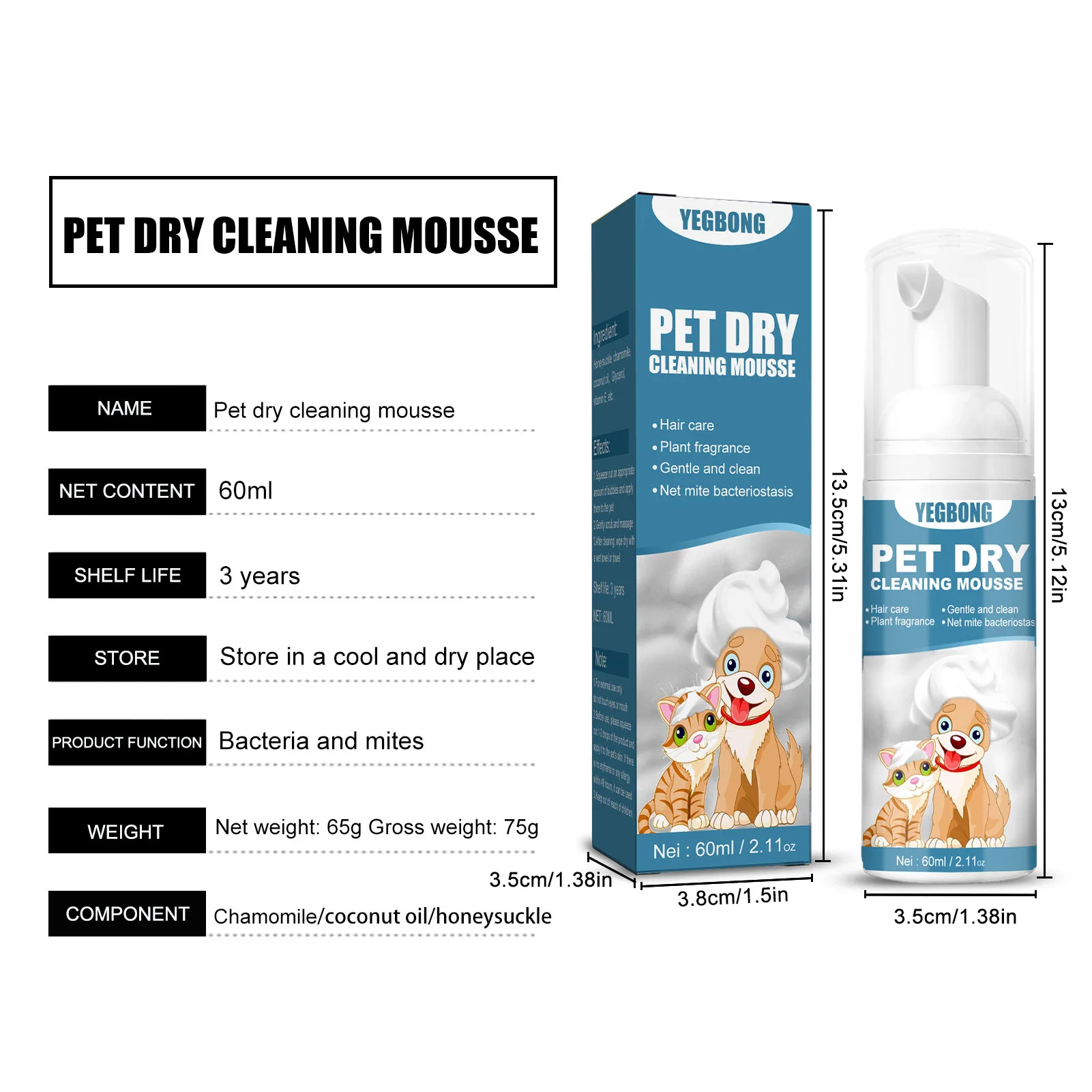 60ml Cat Dogs Dry Shampoo Cleaning Mousse Free Pet Shampoo Bathless Cleaning Odor Removal For Pet Dry Cleaning body Supplies