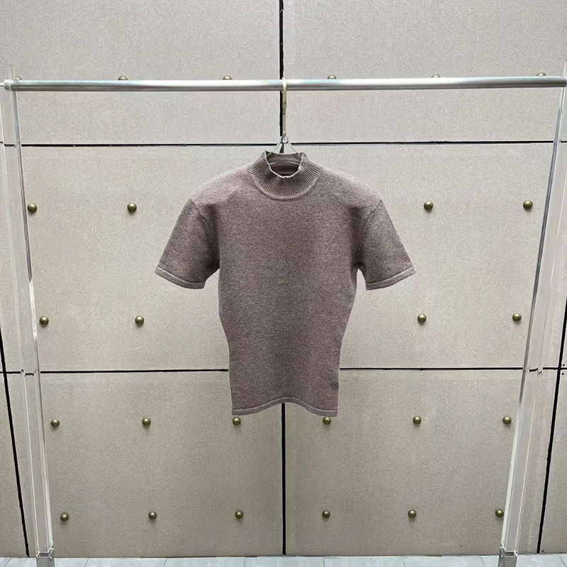 

Women's Wool Sweater, Padded Shoulder Knit Top, Half-High Neck Short-Sleeve T-Shirt, Premium Pullover, Fall, New Arrival, 2025