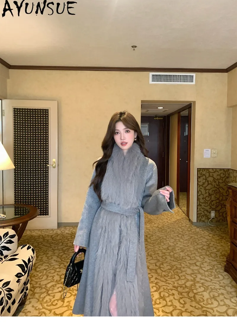 AYUSNUE Women Natural Long Double Face Wool Coat Double-Sided Cashmere Outerwear Fox Fur Coller Ladies Warm Winter Clothing 2026