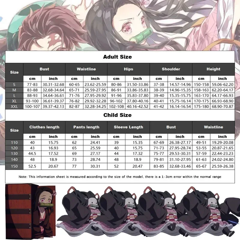 Demon Slayer Kamado Nezuko Anime Cosplay Traje, roupas uniformes, peruca de quimono, sapatos de dente para Halloween Carnival Party, adulto e infantil