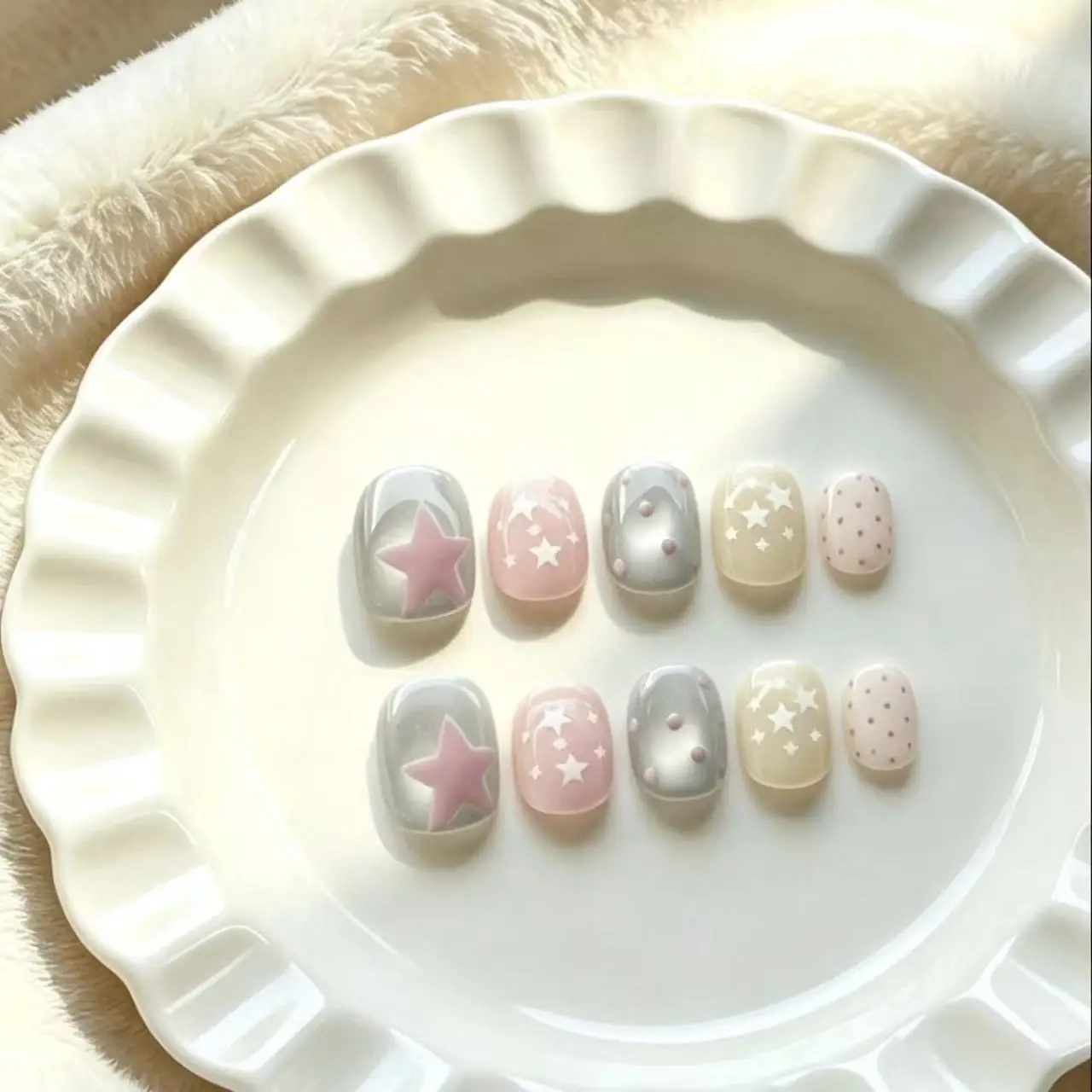 30Pcs Short Round Press On Nails Cat Eye Fake Nails With 3D Pink Star White Star Print Pink Polka Dot Full Cover False Nail