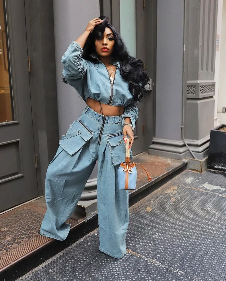 Denim Women\'s Set Ruched Long Sleeve Jacket and Pocket Front Loose Jeans Pants 2024 Two 2 Piece Sets Outfits Tracksuit