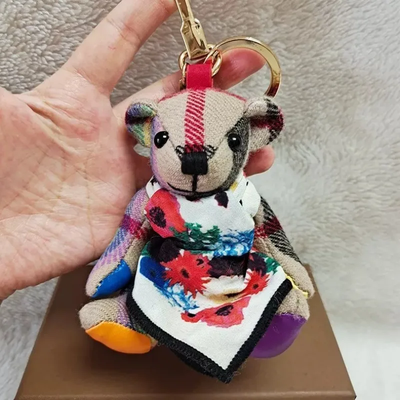 BCute Cashmere Plaid Teddy Bear Silk Scarf Creative Plush Doll Car Keychain Hanging Ornament Couple Bag Charm Pendant