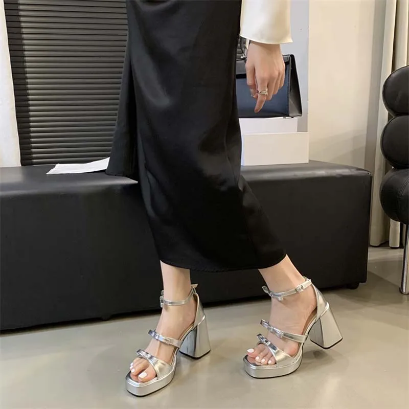 Silver Heels For Ladies Platform Sandals Black Belt Bow Low Heels Chunky Shoes Summer Womens Sandals Femme Footwear 2024