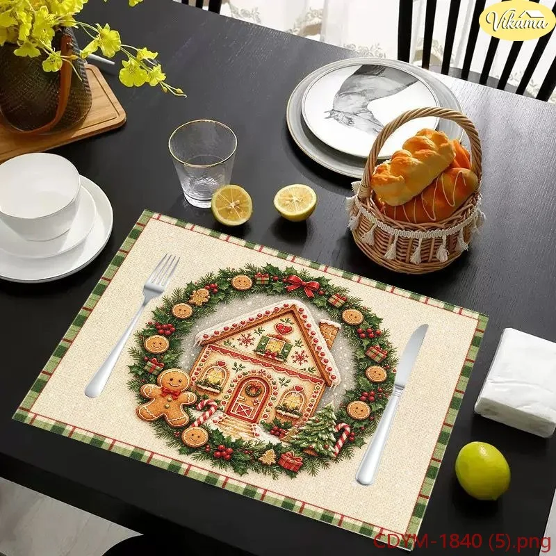 VIKAMA Christmas Placemats, Cream Wooden Cross Red Poinsettia Snowman Cardinal Design, Washable Winter Holiday Dining Mat