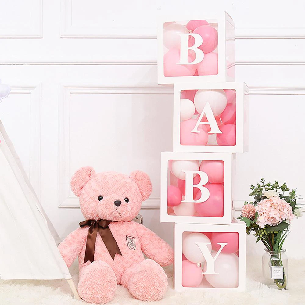 4pcs 25cm Transparent Balloon Boxes+BABY Letters, Birthday Baptism Party Decoration Gift Box,Baby Shower Decor