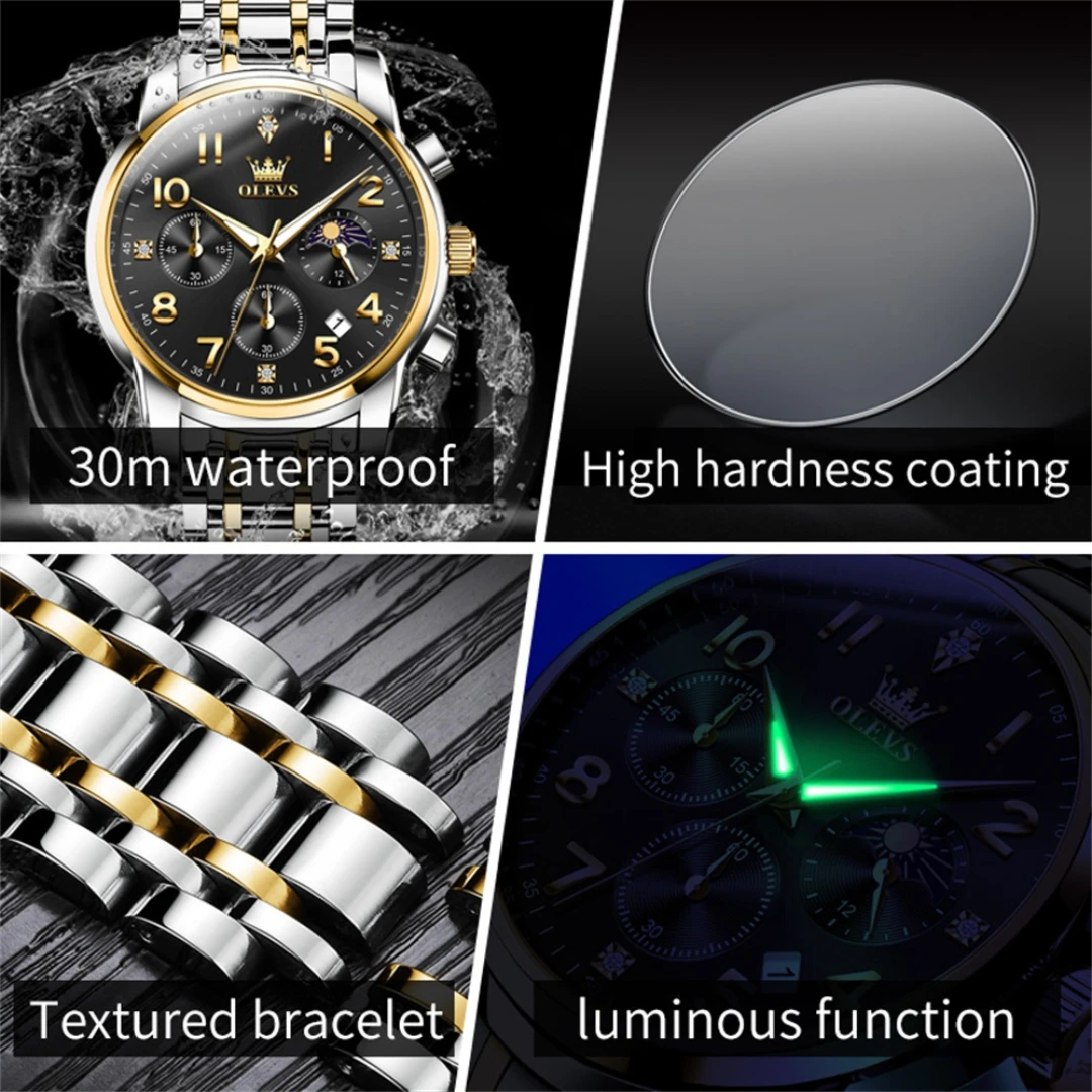 OLEVS-Montre-bracelet à quartz en acier inoxydable, bracelet de montre à cadran rond, phase de lune Shoous, petite seconde, cadeau de mode, 3628