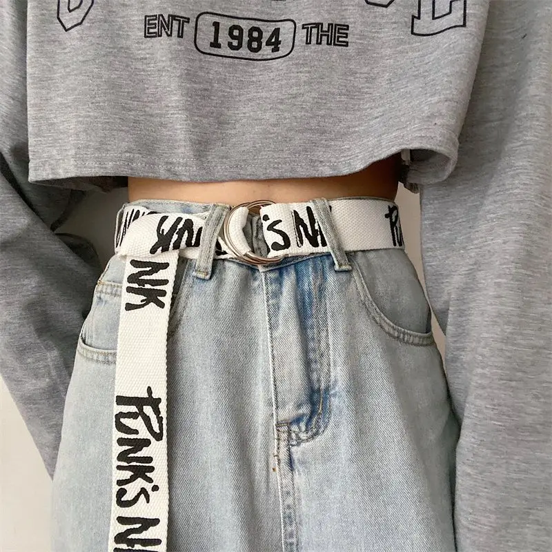 Fashion Casual Canvas Letter Belt Women Men Metal Double Ring D Buckle Waist Strap Student Youth Jeans Waistband