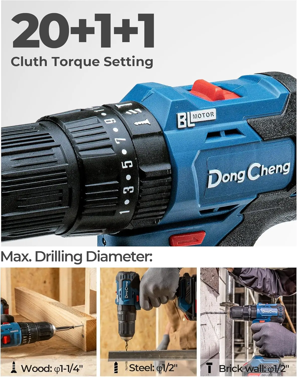 Dong Cheng 20V Brushless Heavy-Duty Impact Drill, 435 In.Lbs, 27000 Bpm, 1/2