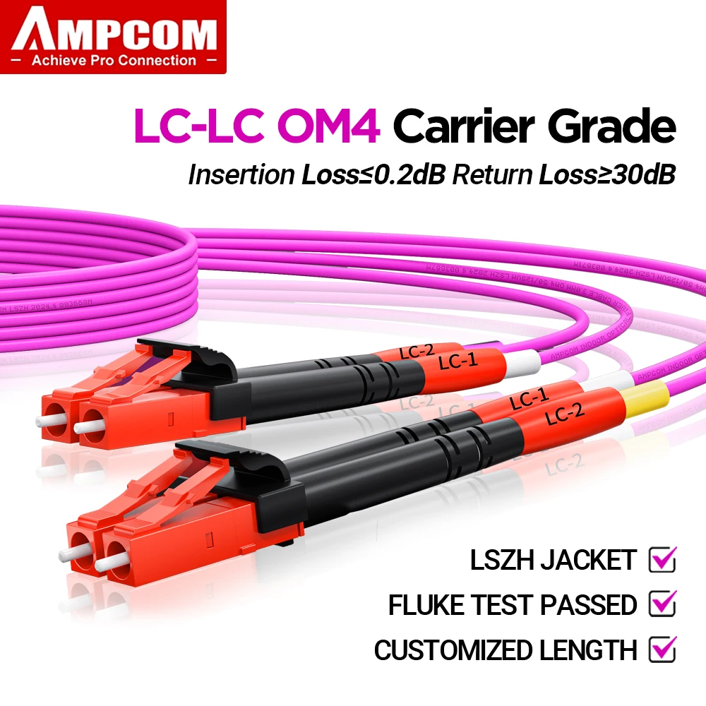 AMPCOM LC - LC UPC OM4 광섬유 패치 케이블 40G 다중 모드 이중, 50/125μm, OD 2.0mm, LSZH OFNR, 1-100미터