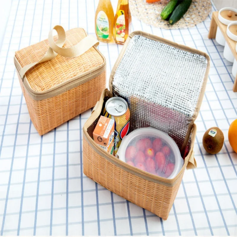 New Imitation Rattan Woven Printing Lunch Box Portable Tote Bag For Travel Picnic Bag Food Container Insulated Thermal Bento Bag