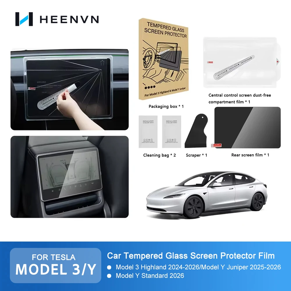 Heenvn Panzerglas-Displayschutzfolie für Tesla Model Y Juniper Model 3 Highland 2025 2026 Mittelkonsole Rückbildschirm HD-Folie