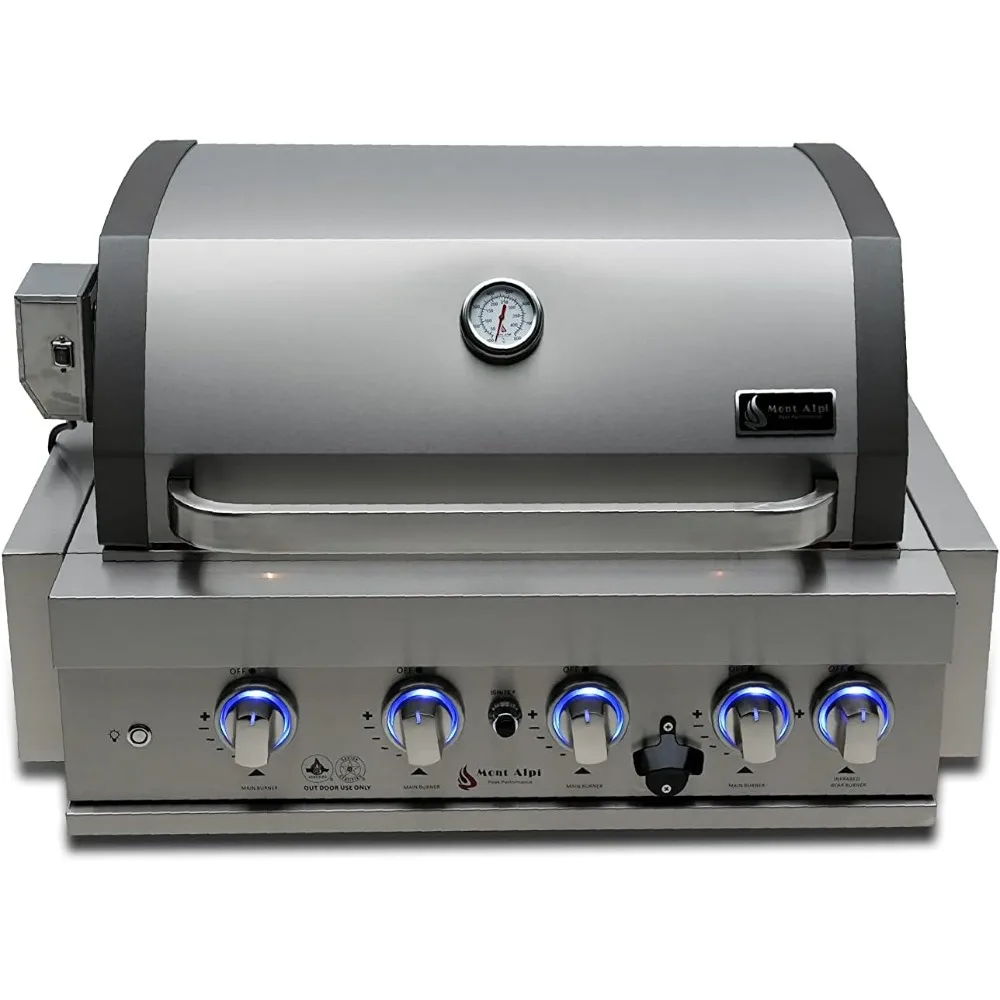 Stainless Steel ， Backyard Patio Barbecue Propane Gas Island Grill w/Infrared Rear Burner+Rotisserie Kit&Weather Cover