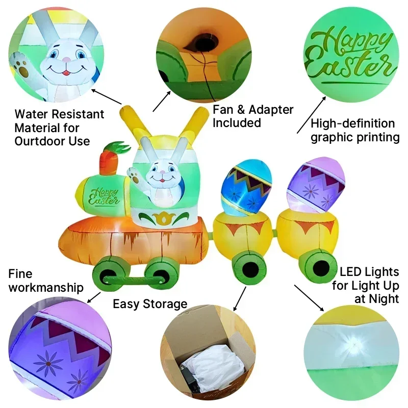 긴 부활절 팽창식 기차 마당 장식, LED 조명 팽창식 장난감, 토끼 당근 기차, 야외 마당 잔디, 휴일 장식, 9 피트