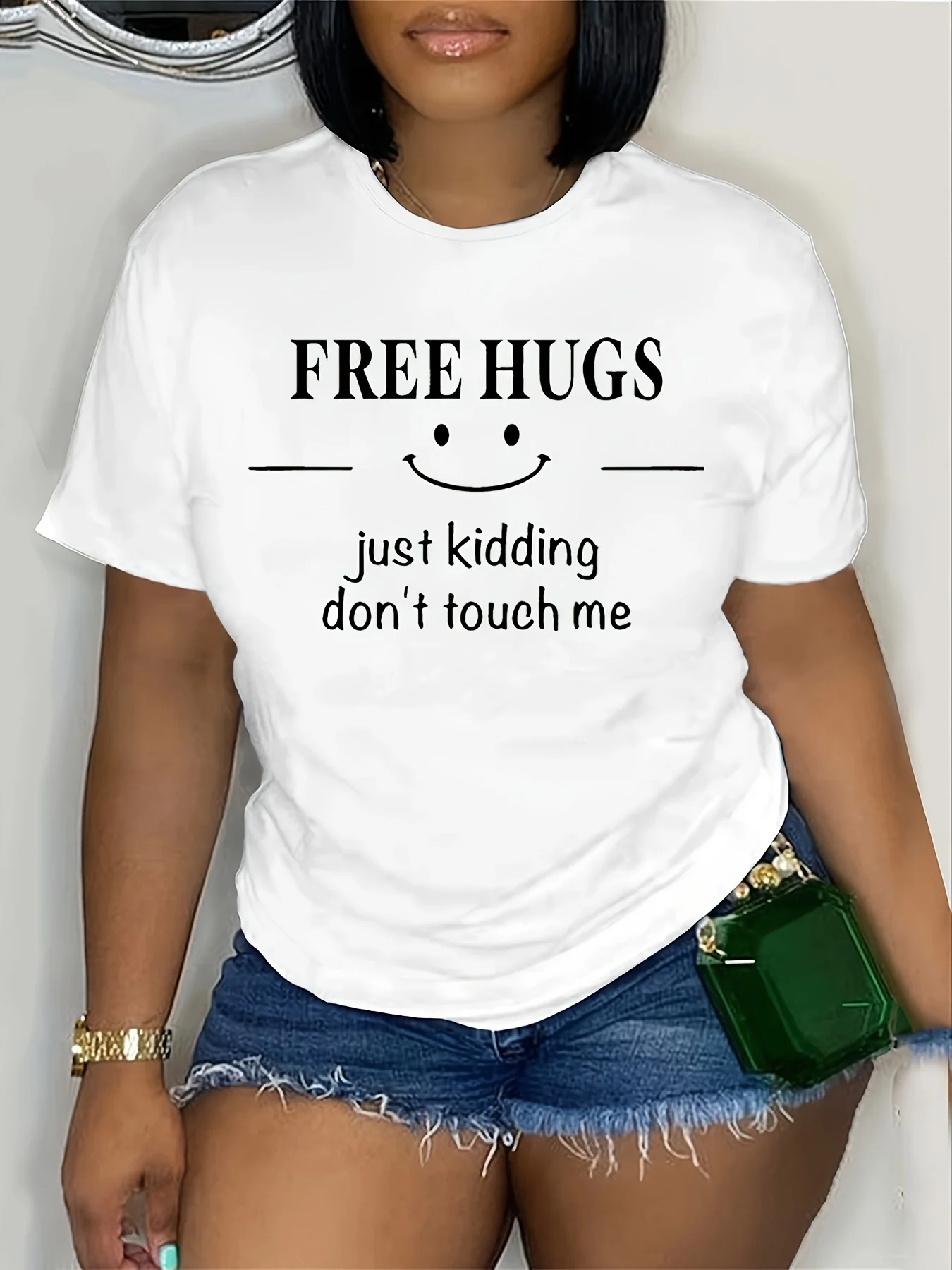 Free Hugs Just Kidding Don't Touch Women Short Sleeve Crew Neck Tee Funny Introvert Graphic Casual Daily Summer Women Print Top