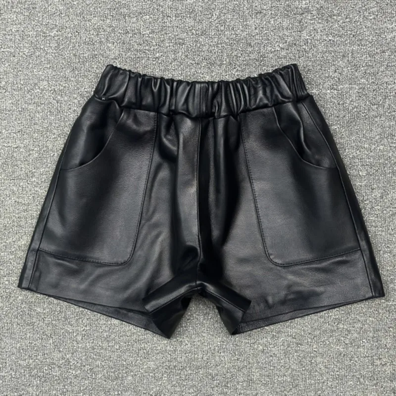 

High Quality Real Leather Shorts Women's Wide-Leg Pants Haining Elastic Waist Sheep