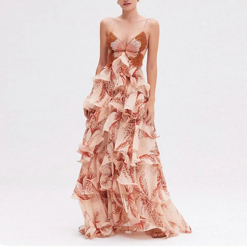 Eleganckie sukienki z falbankami i plisami z motywem motyli, seksowne sukienki damskie z dekoltem w serek, odkrytymi plecami, wiązane, długie sukienki letnie bez rękawów, ażurowe sukienki w stylu boho.