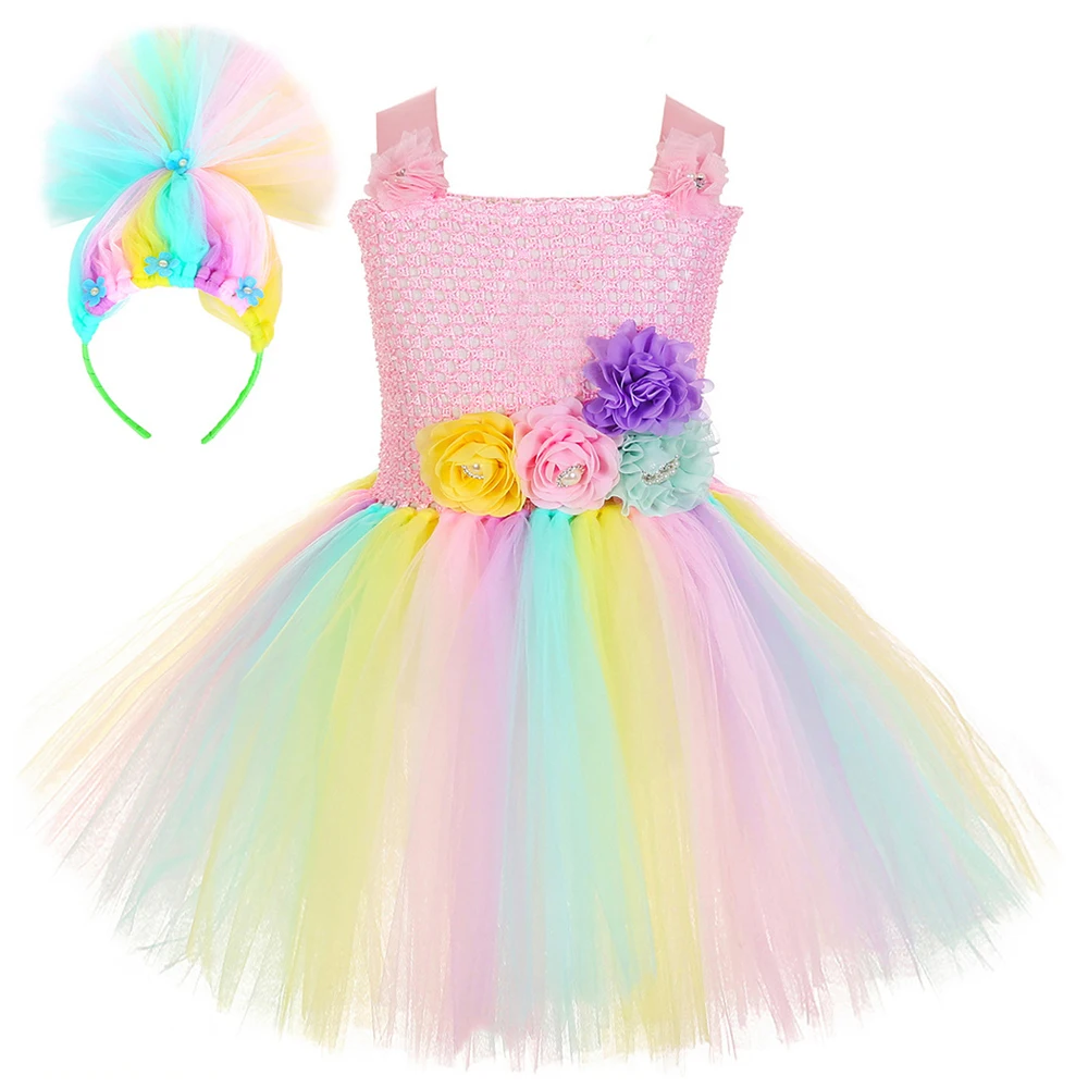 Pastel Flowers Trolls Costumes Girls Magic Elves Fancy Tutu Dress with Hairs Bow Kids Christmas Carnival Fairy Princess Outfit