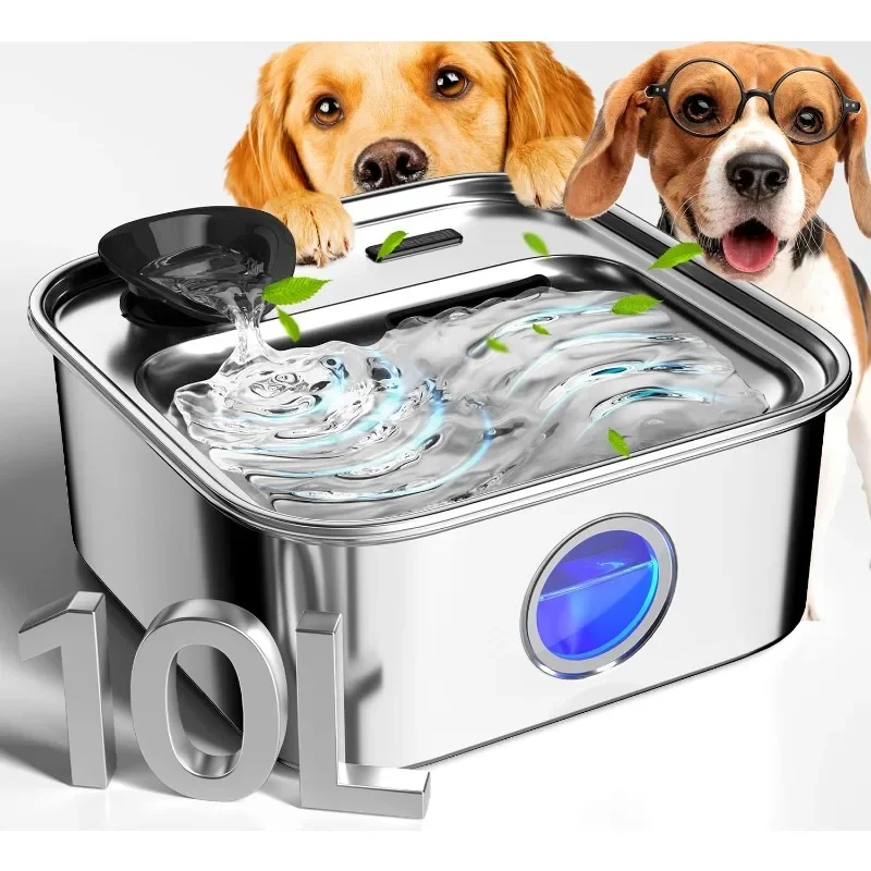 

Dog Water Fountain, 2.6Gal/10L Stainless Steel Dog Water Bowl Dispenser with Washable Filter & Deeper Drinking Aera,