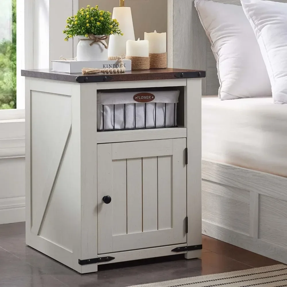 

Farmhouse Nightstand with Charging Station, 20" Rustic End Table w/Barn Door, Wood Sofa Side Bedside Table w/Open Shlef