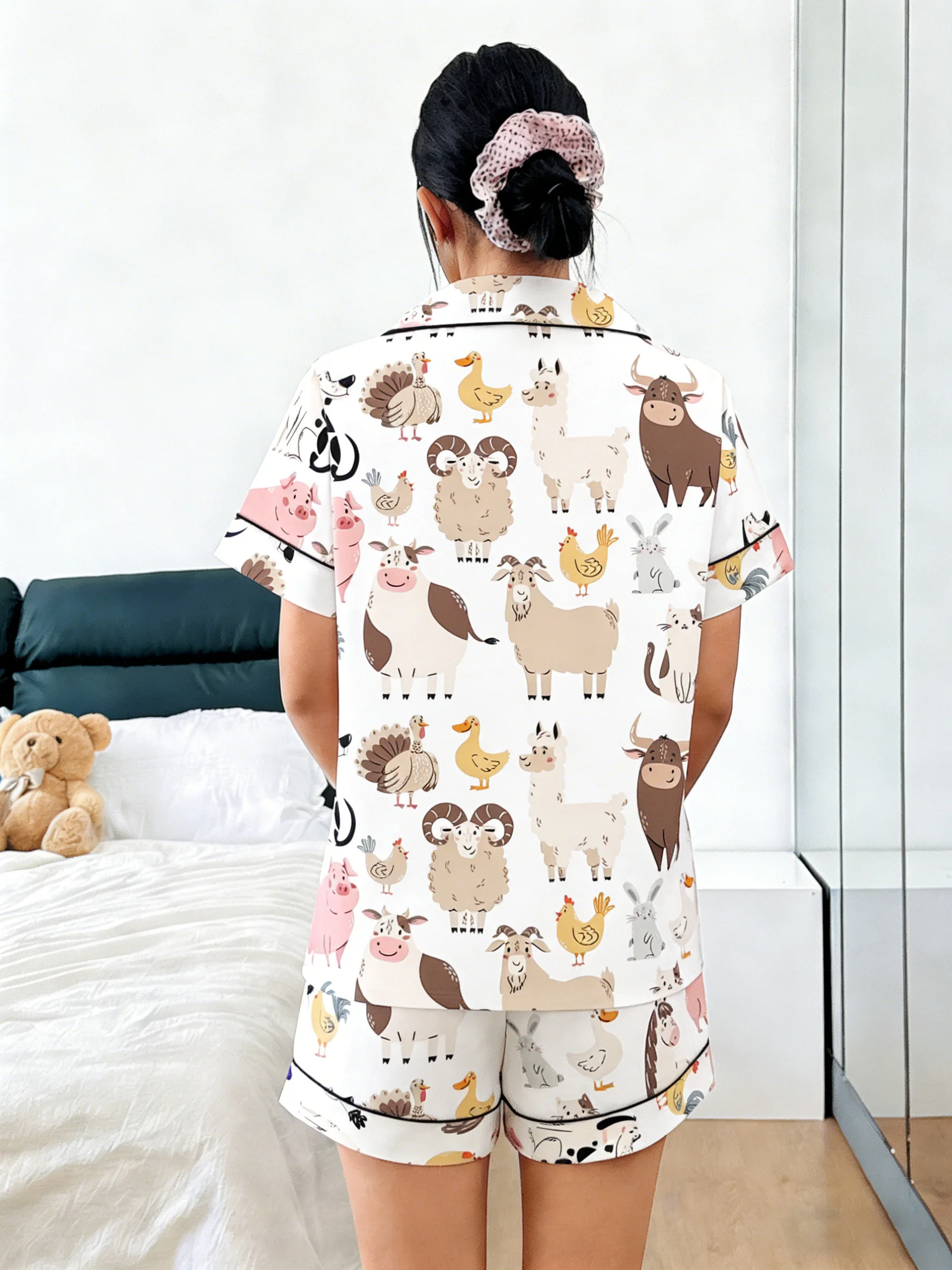 Women Pajamas Cardigan Lapel Short Sleeve Shorts 2 Piece Set Spring Summer Cute Farm Animal Print Homewear Loungewear