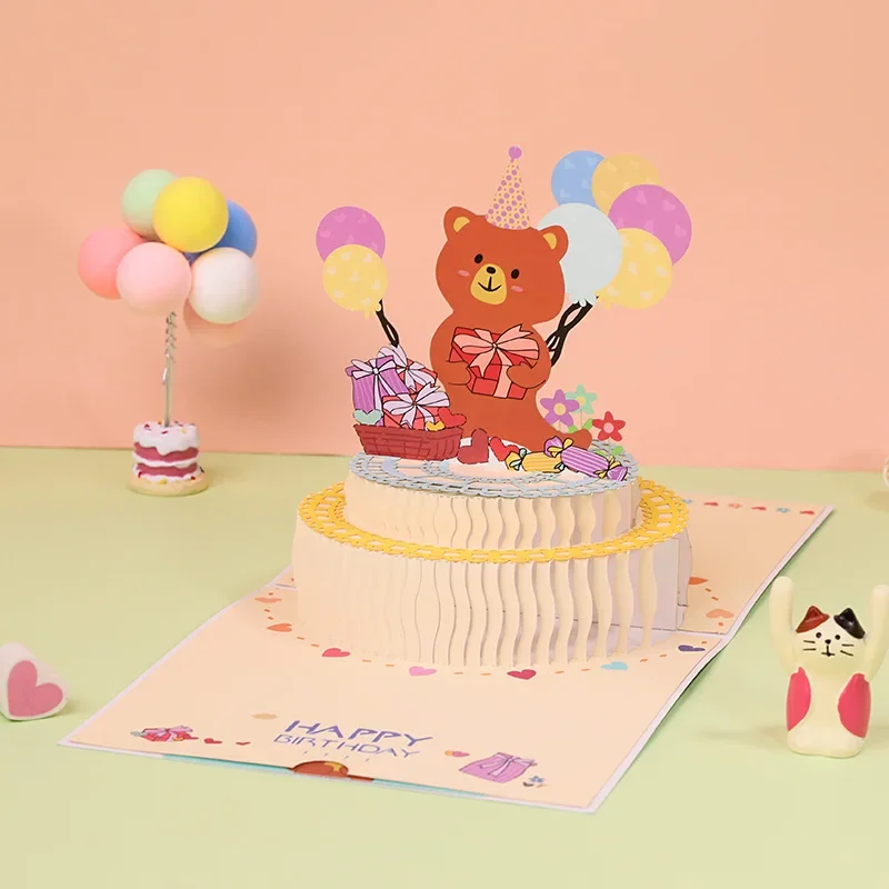 

3D Pop up Style Cartoon Bear Happy Birthday Cake Paper Carving Greeting Card Cute Gift Blessing Message Postcard