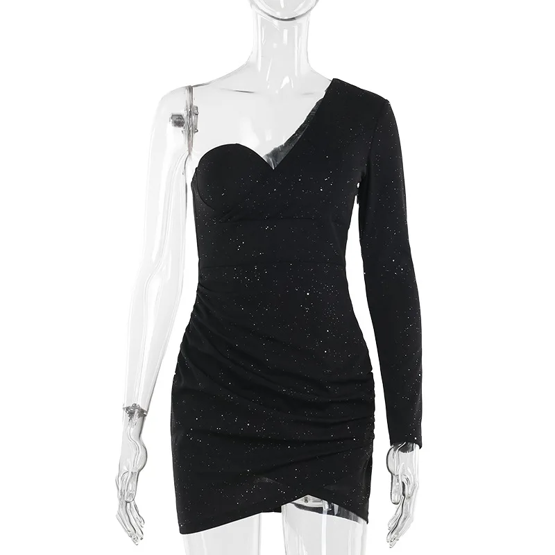 

J Autumn 2024 new sexy one-shoulder long-sleeved gathered glitter hip dress for women