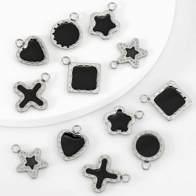 20pcs Stainless Steel Black Enamel Cross Heart Star Pendant Edge Dot Embossing Charm for DIY Necklace Earrings Jewelry Supplies