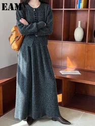 [EAM] Gray Sweater Half-body Skirt Two Pieces Suit New Round Neck Long Sleeve Women Fashion Tide Spring Autumn 2024 1DH6372