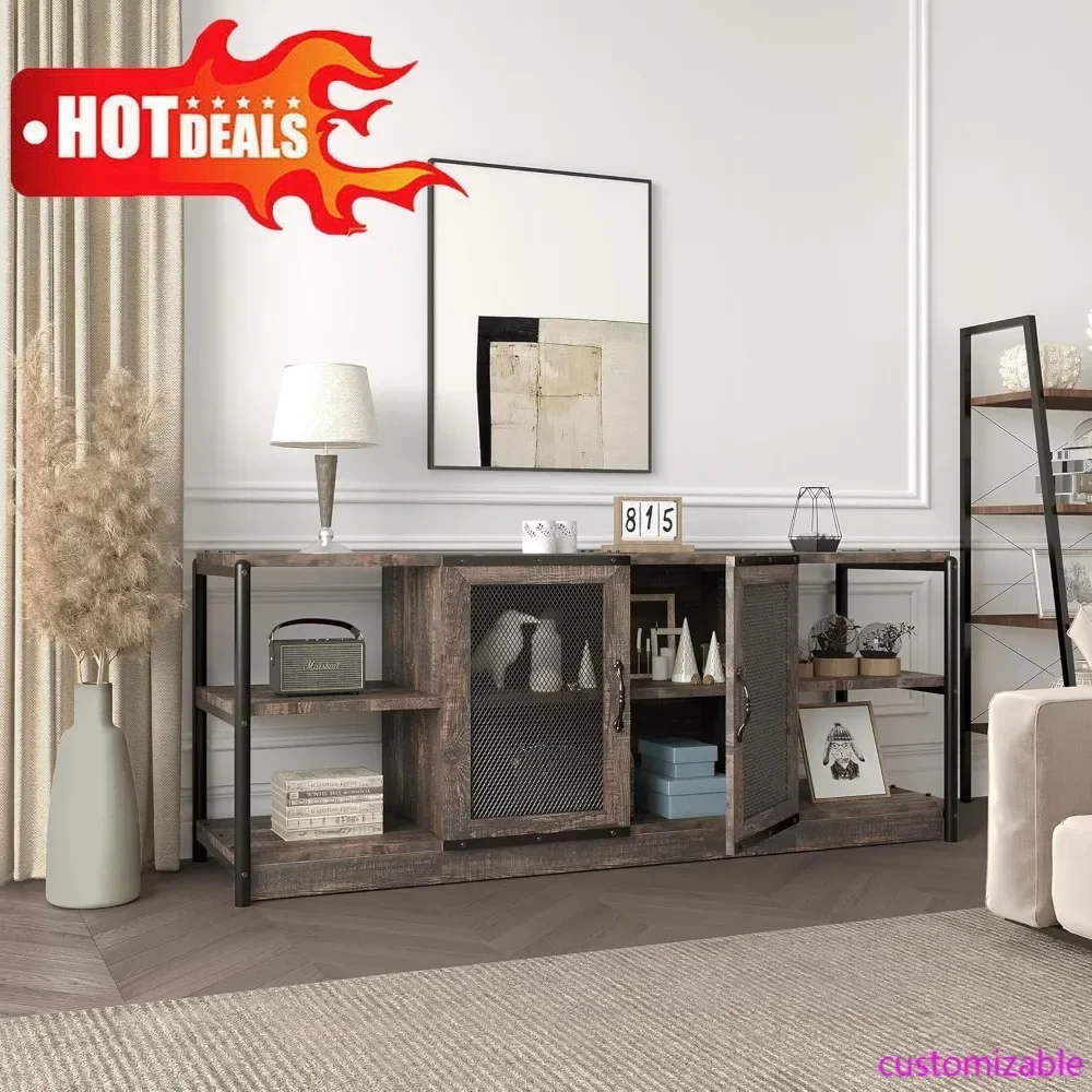 TV Stand For 65 Inches, Farmhouse Entertainment Center With Storage Cabinet And Mesh Doors, Industrial Media Console Table, Fur-