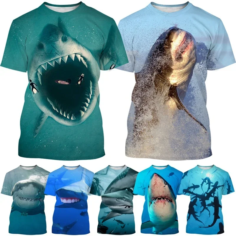 

Summer New 3D Printing Shark Graphic T-Shirt Fashion Men's Cool Street Style Casual Round Neck Short Sleeve