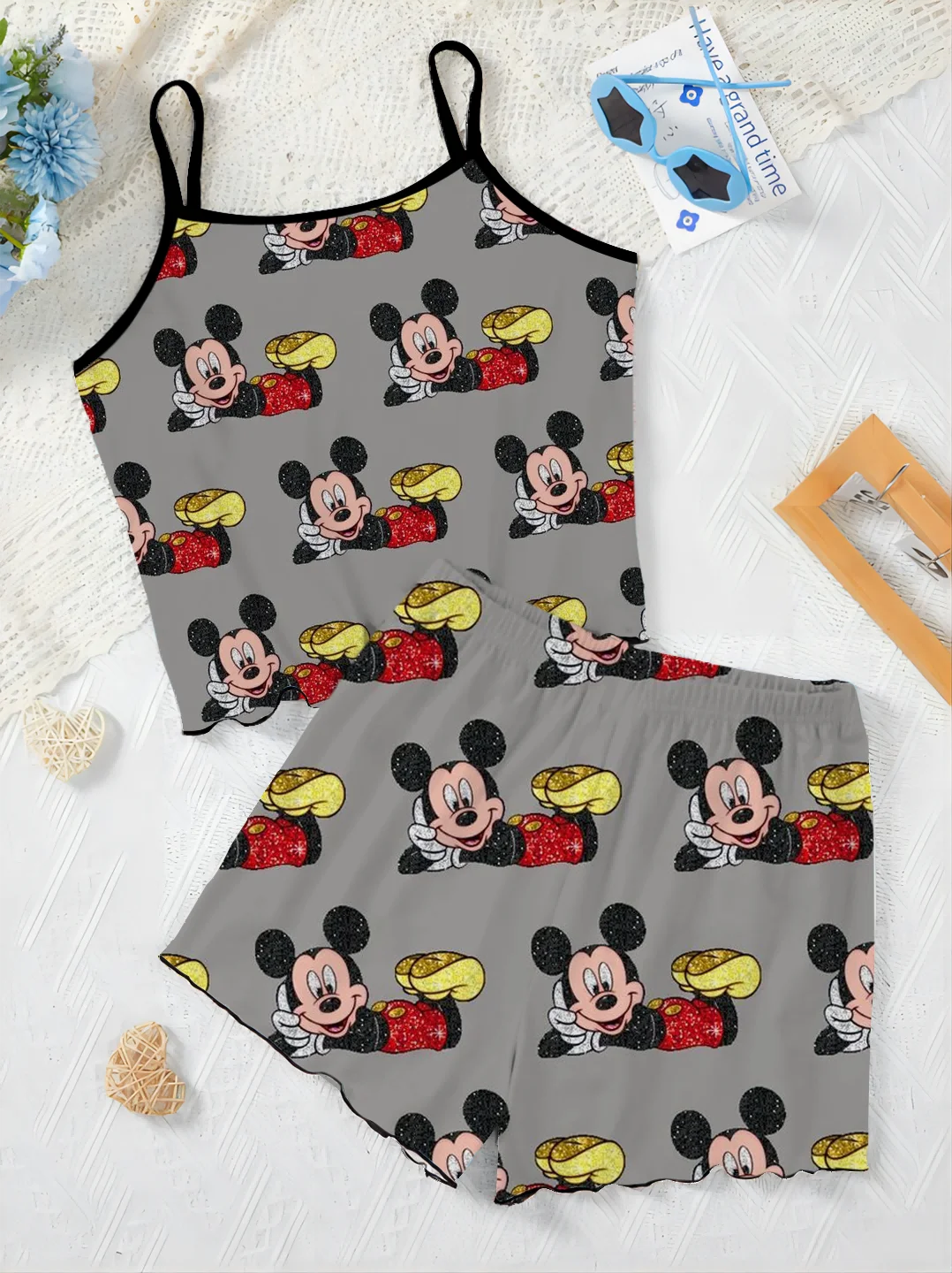 Pajama Skirt T-shirt Elegant Women's Sets Home Dress Minnie Mouse Mickey Lettuce Trim Disney Top Pieces Short Suit Disney Mickey