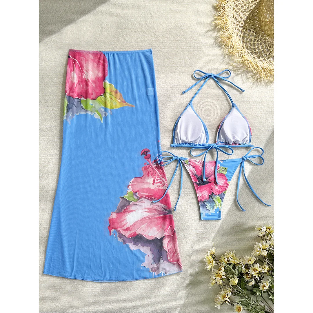 Blumenmuster mit Rock, Neckholder-Bikini, Damen-Badebekleidung, dreiteiliges Bikini-Set, Damen-Badeanzug, Badebekleidung, Badeanzug, Schwimmkleidung V6637 – Detail 36