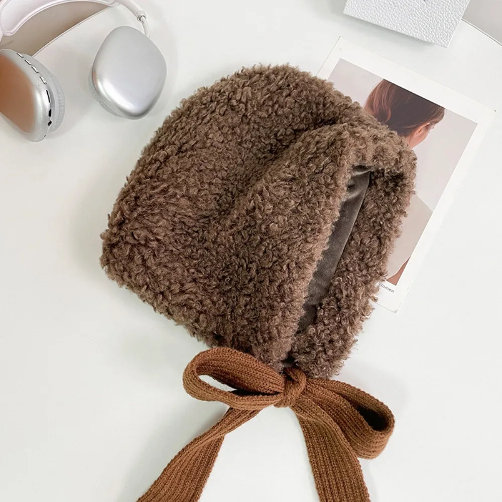 

Cute Thickened Ear Protective Hat Balaclava Keep Warm Winter Beanies Solid Color Windproof Lamb Wool Cap Autumn