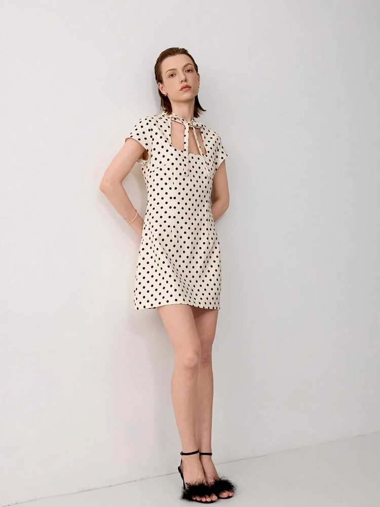 Damen-Minikleid mit Polka-Dot-Print, Frontschleife und kurzen Ärmeln für Partys – Detail 7